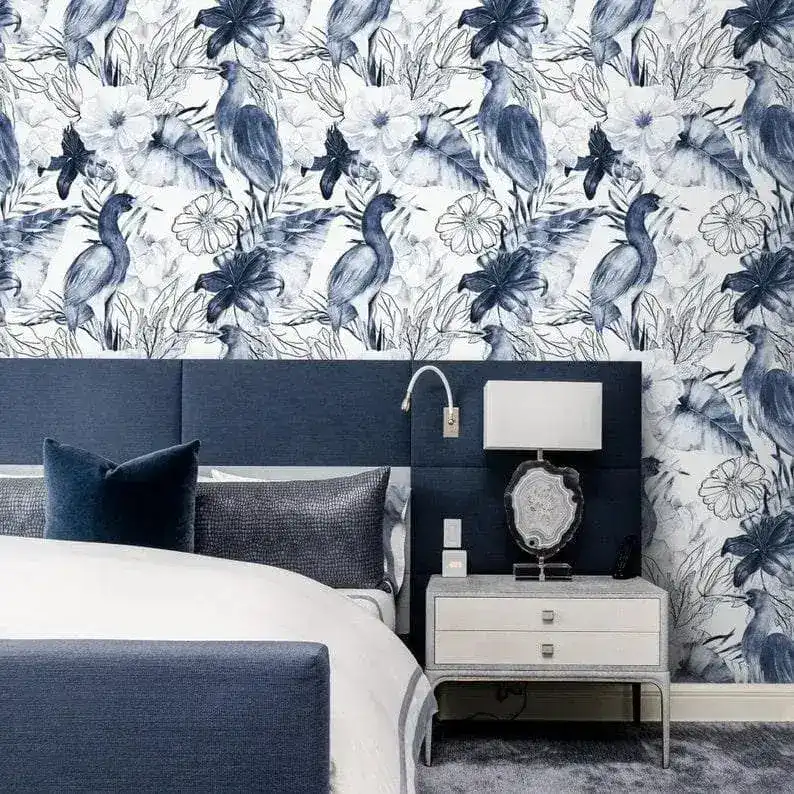Blue and White Tropical Birds and Flowers Wallpaper - Image 2