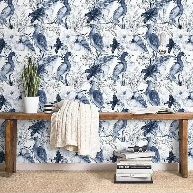 Blue and White Tropical Birds and Flowers Wallpaper - Image 5