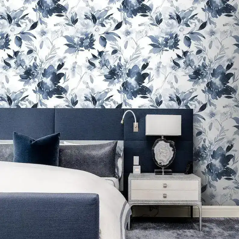 Blue and White Watercolor Abstract Floral Wallpaper - Image 10
