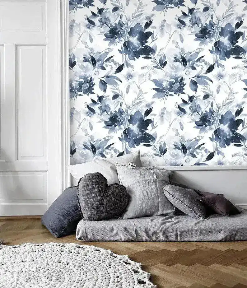 Blue and White Watercolor Abstract Floral Wallpaper - Image 2