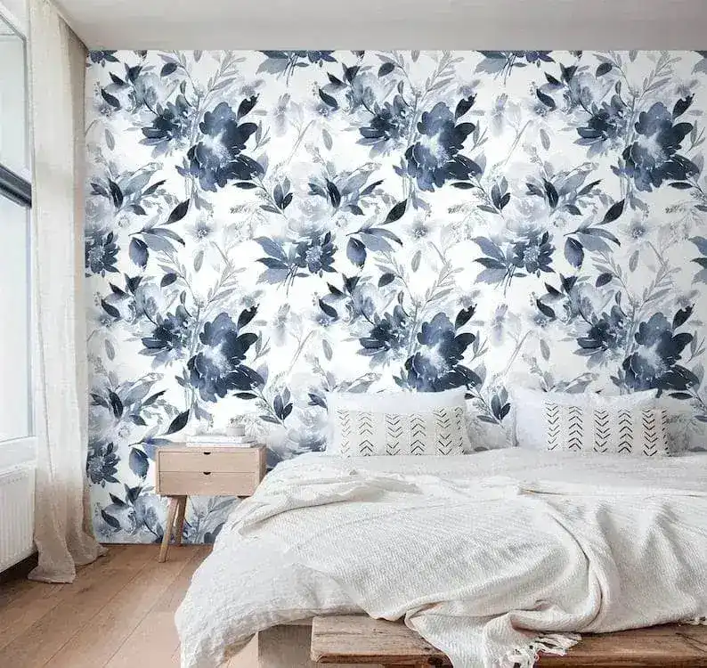 Blue and White Watercolor Abstract Floral Wallpaper - Image 6