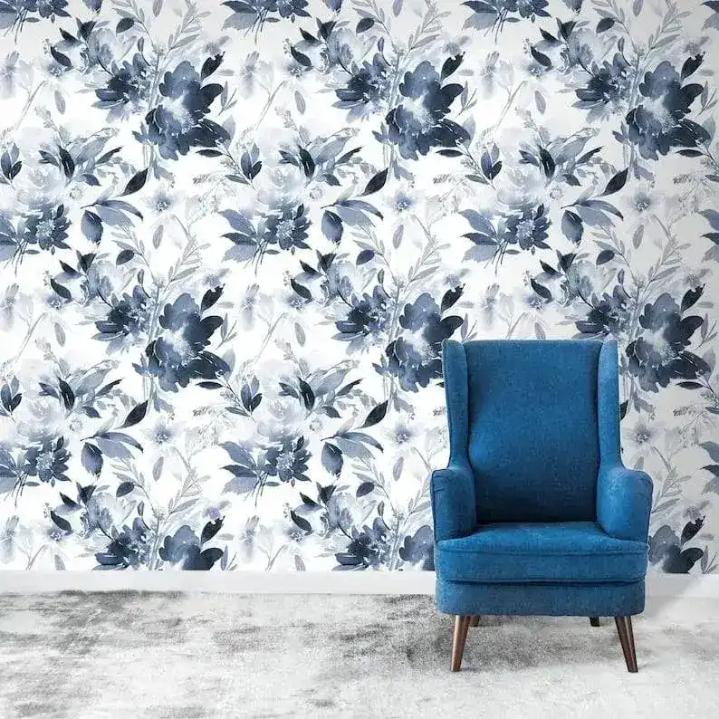 Blue and White Watercolor Abstract Floral Wallpaper - Image 8