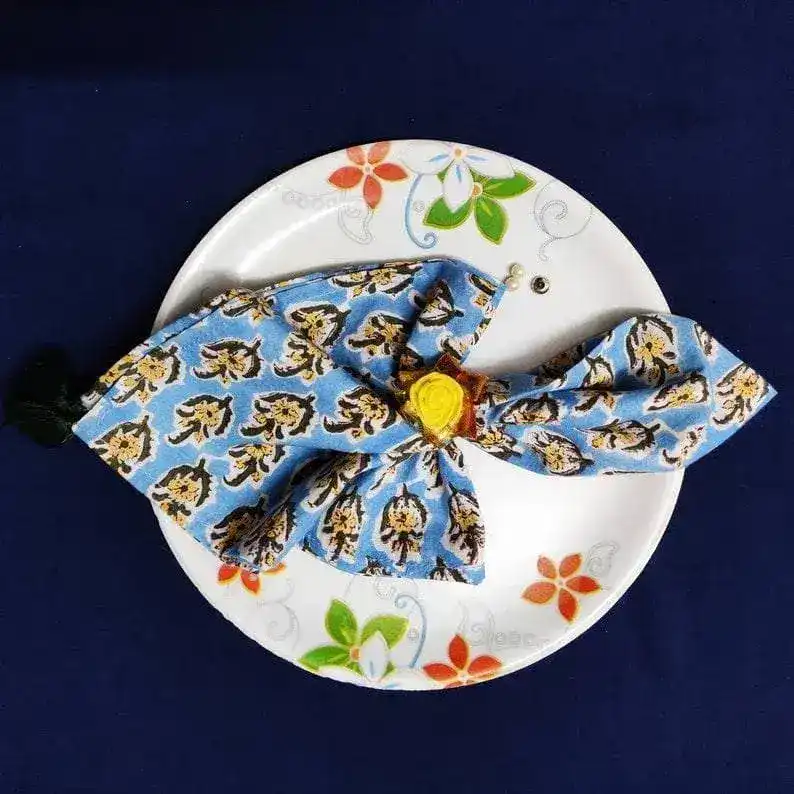 Blue and Yellow Floral Hand Block Printed Cotton Napkins - Image 3