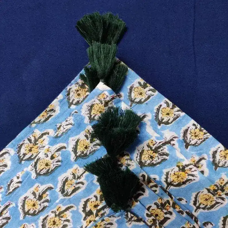 Blue and Yellow Floral Hand Block Printed Cotton Napkins - Image 4