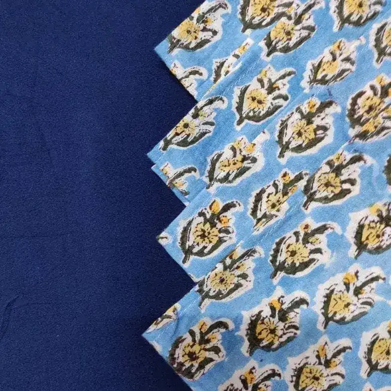 Blue and Yellow Floral Hand Block Printed Cotton Napkins - Image 5