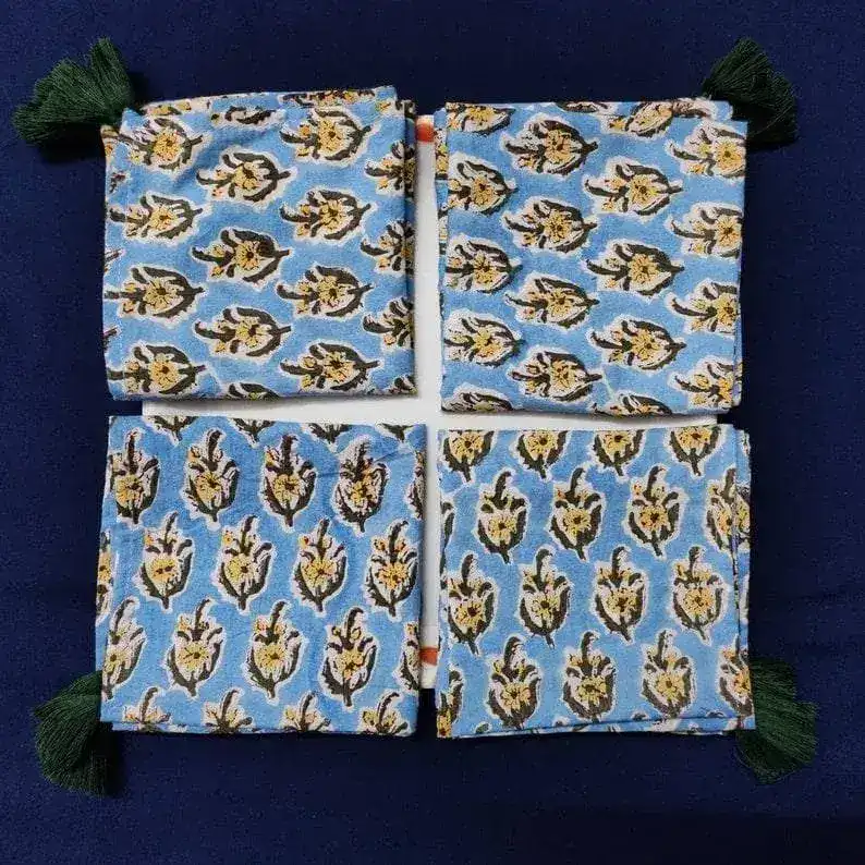 Blue and Yellow Floral Hand Block Printed Cotton Napkins - Image 7