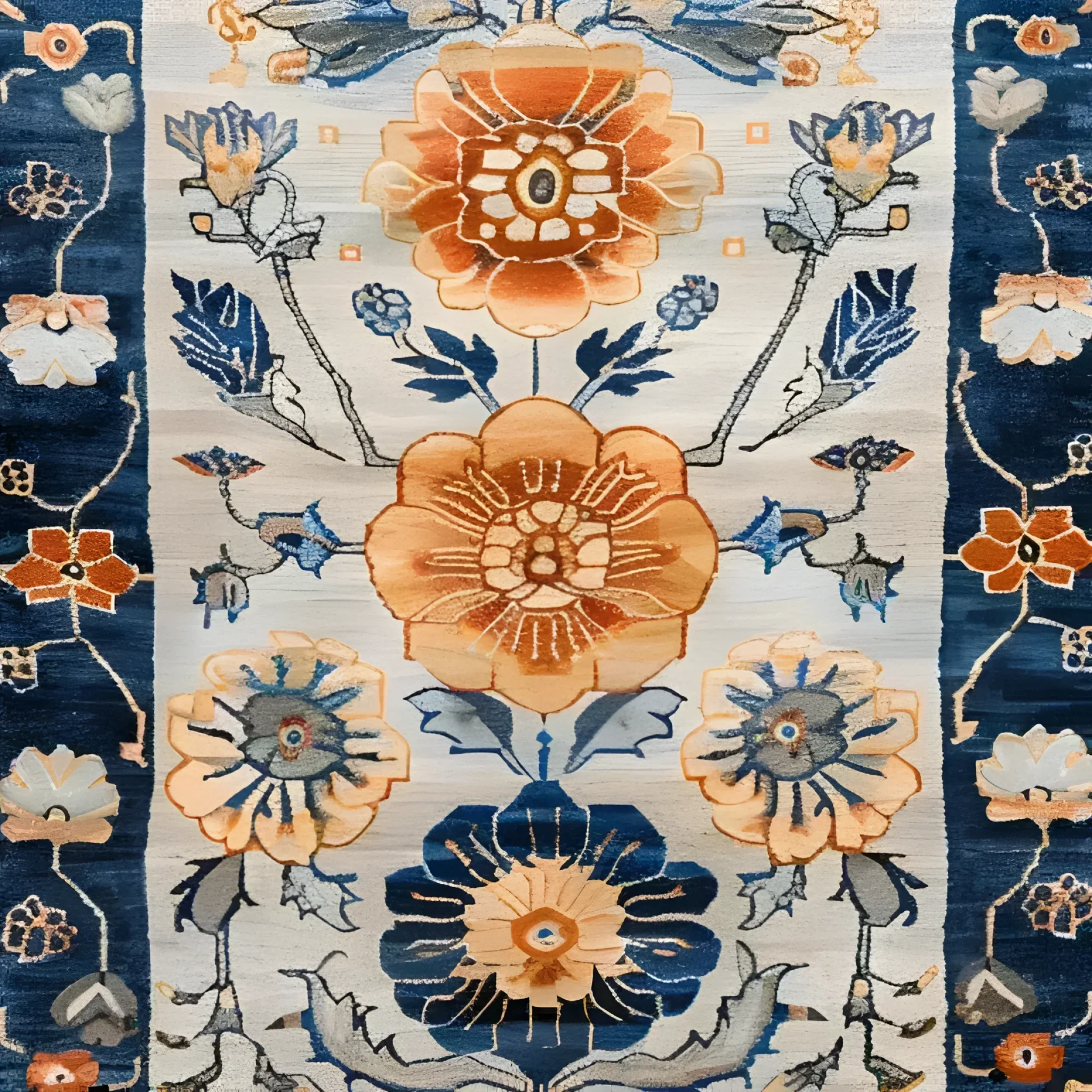 Blue Blossom Edge Medium Hand Knotted Wool Rug - Image 5