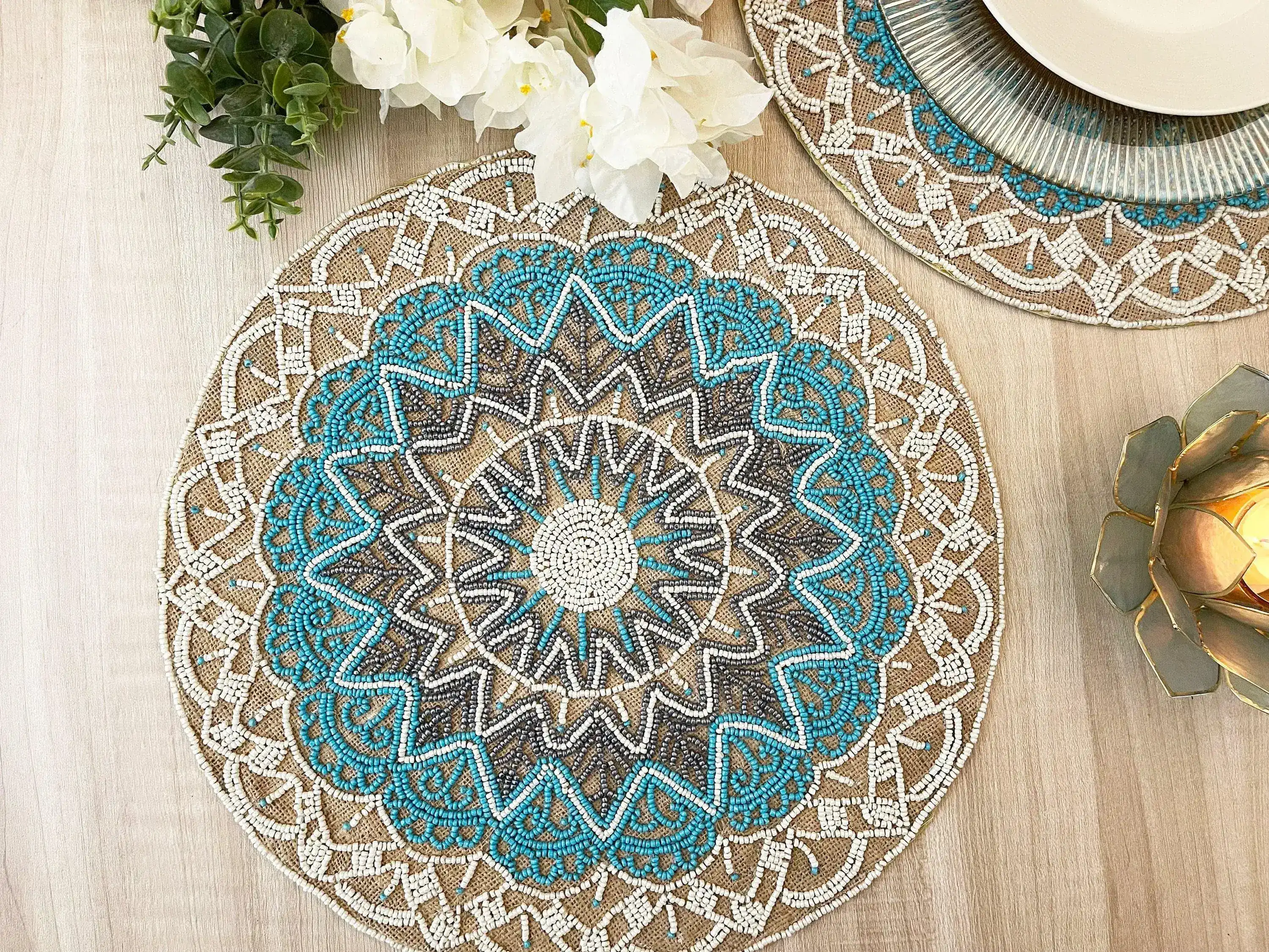 Blue Bohemian Round Beaded Placemats - Set of 6