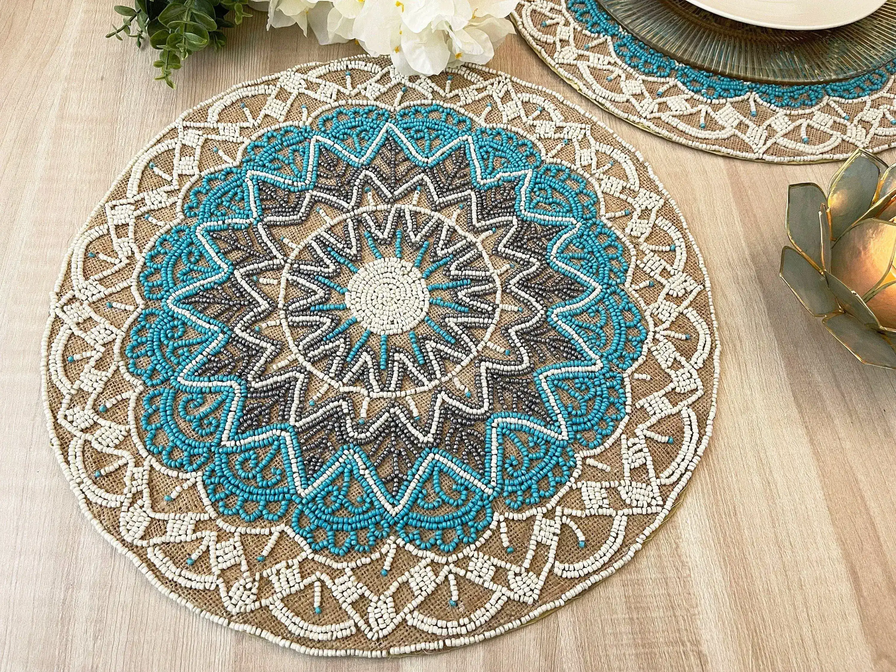 Blue Bohemian Round Beaded Placemats - Set of 6 - Image 3