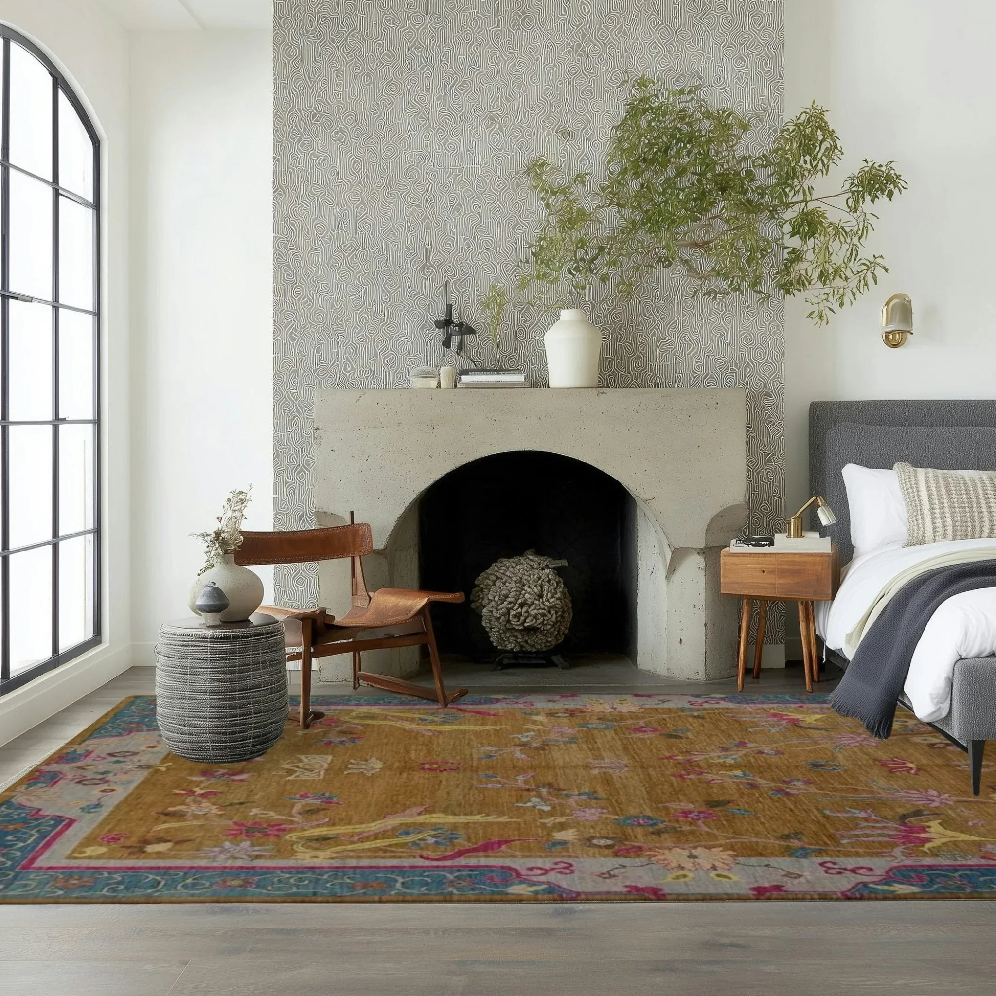 Blue Bordered Spring Floral in the Golden Sky Wool Hand Knotted Area Rug - Image 3
