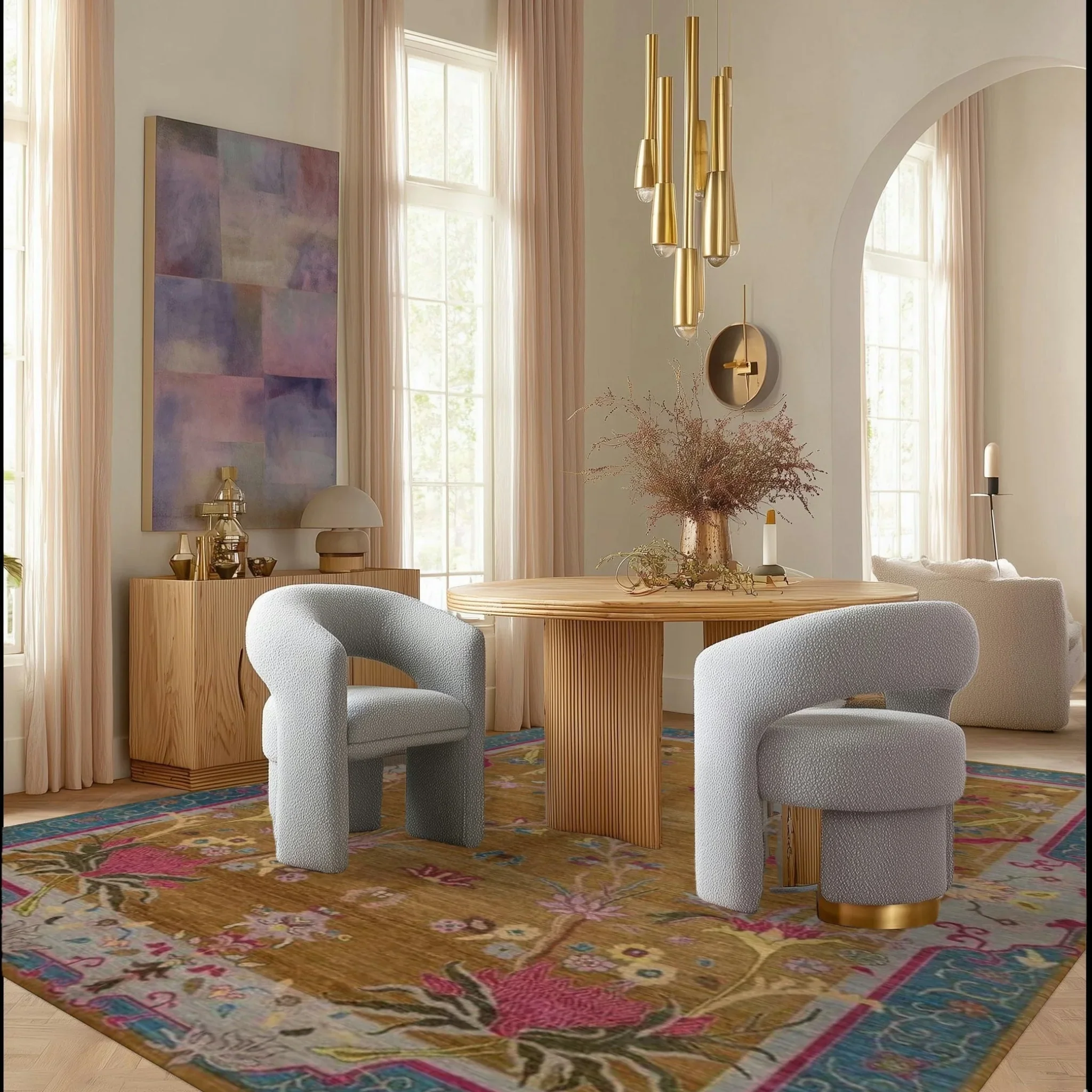 Blue Bordered Spring Floral in the Golden Sky Wool Hand Knotted Area Rug - Image 5