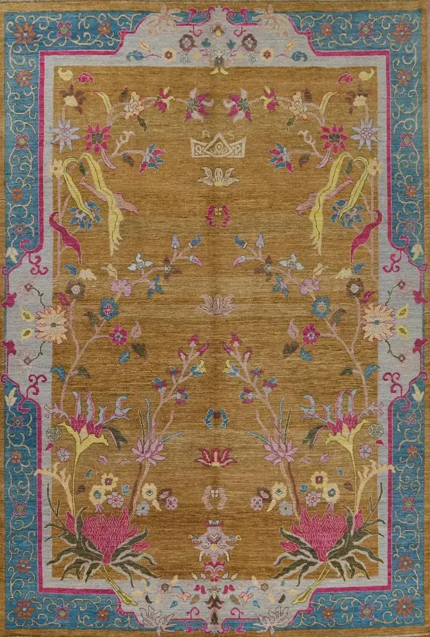 Blue Bordered Spring Floral in the Golden Sky Wool Hand Knotted Area Rug - Image 7