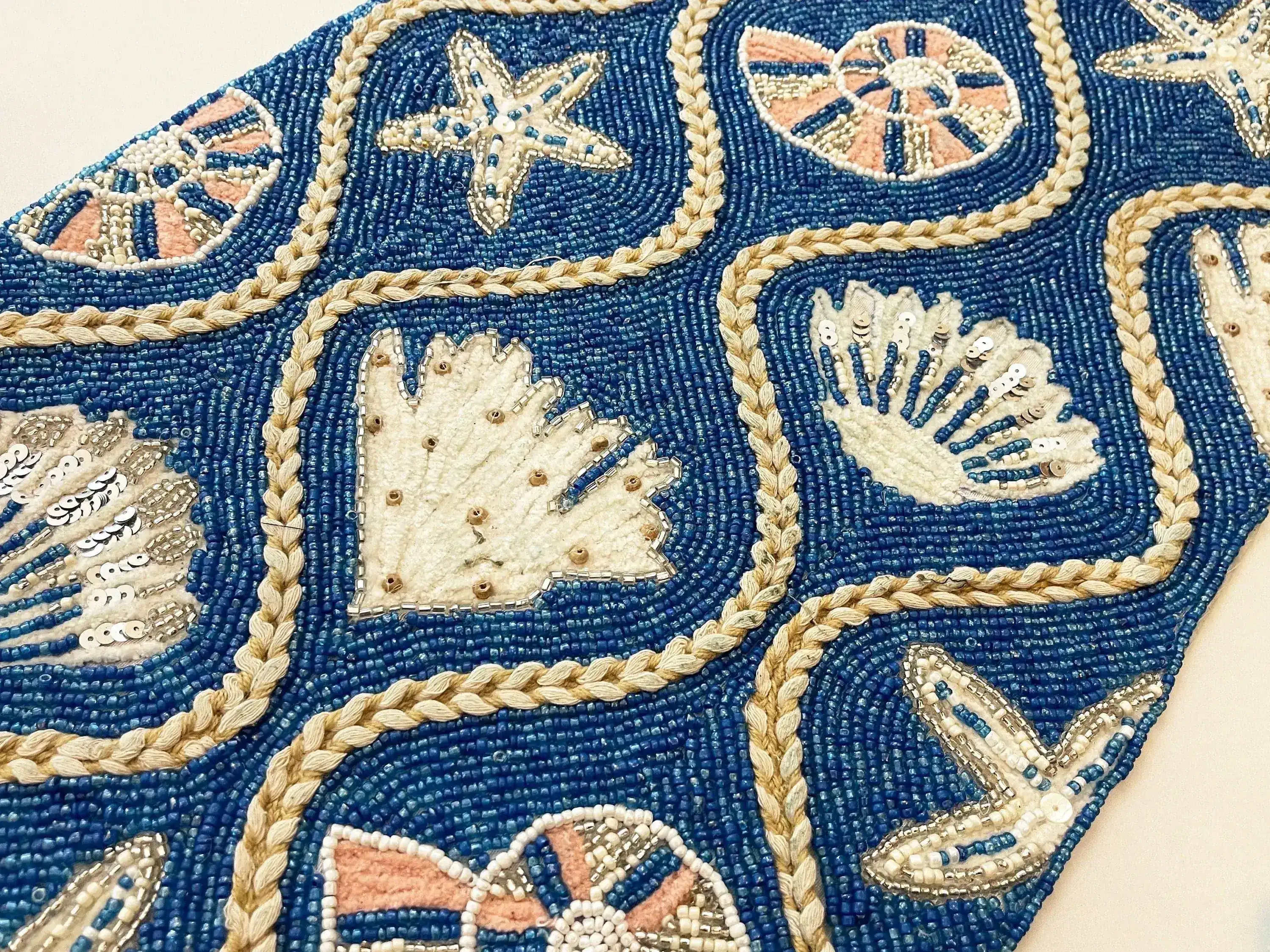 Blue Cream Seashell Bead and Embroidery Table Runner - Image 4