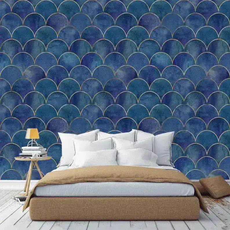 Blue Fish Scale WavesArt Deco Geometric Wallpaper - Image 4