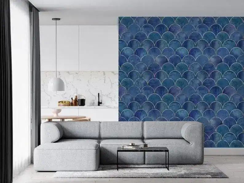 Blue Fish Scale WavesArt Deco Geometric Wallpaper - Image 5