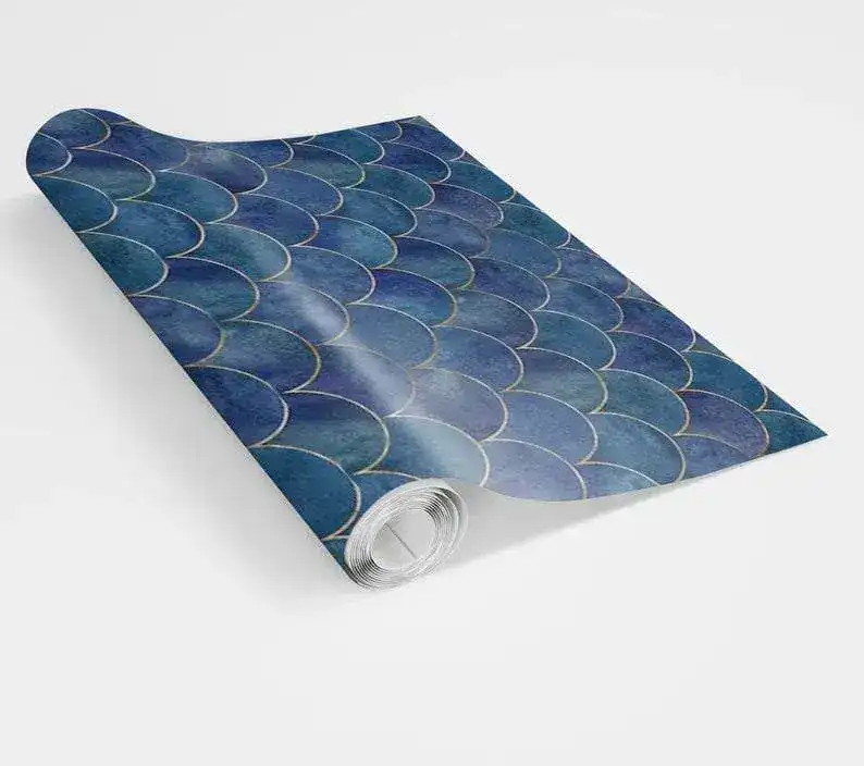 Blue Fish Scale WavesArt Deco Geometric Wallpaper - Image 7
