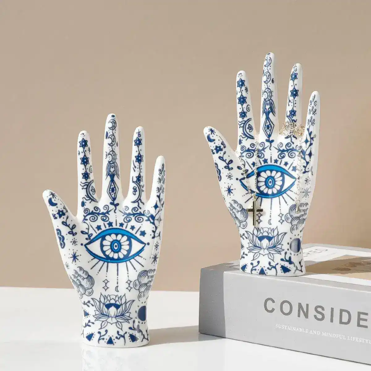 Blue Floral Evil Eye Porcelain Jewelry Holder Stand - Image 2