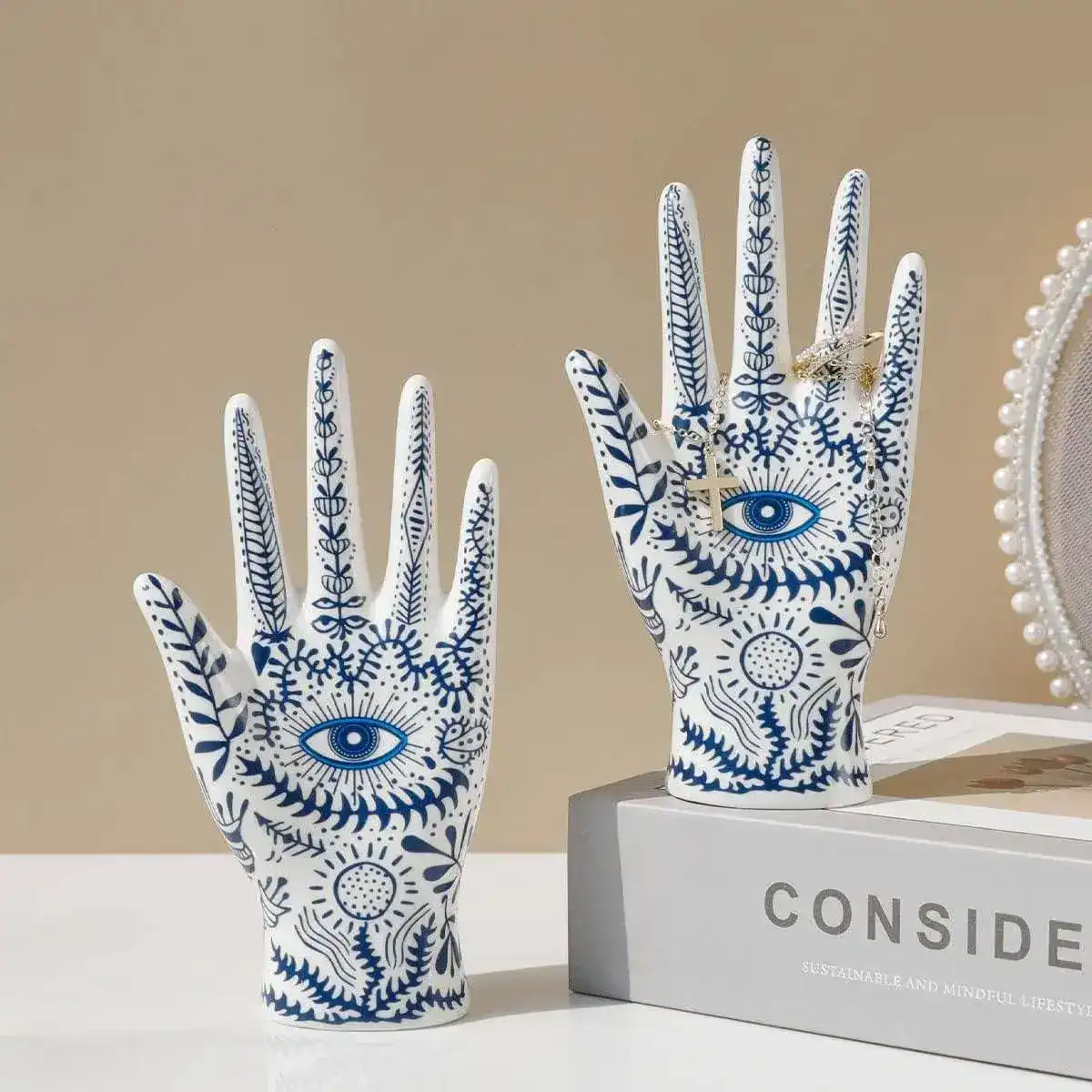 Blue Floral Evil Eye Porcelain Jewelry Holder Stand - Image 5