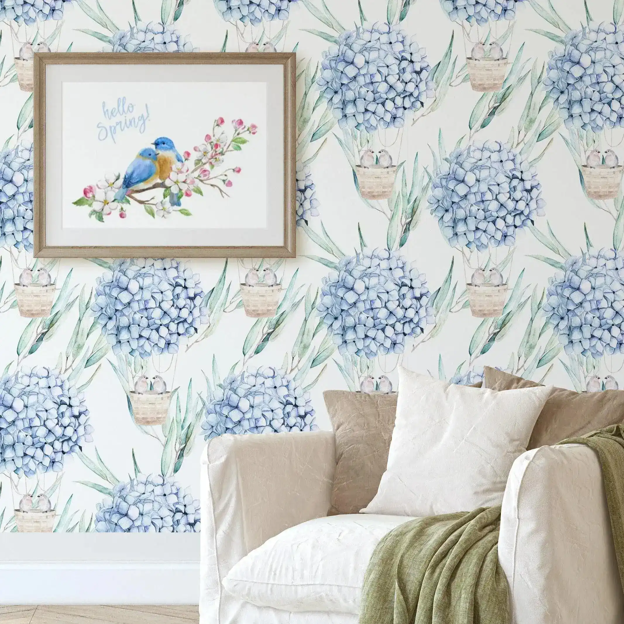 Blue Hydrangea Birds Watercolor Removable Wallpaper - Image 3
