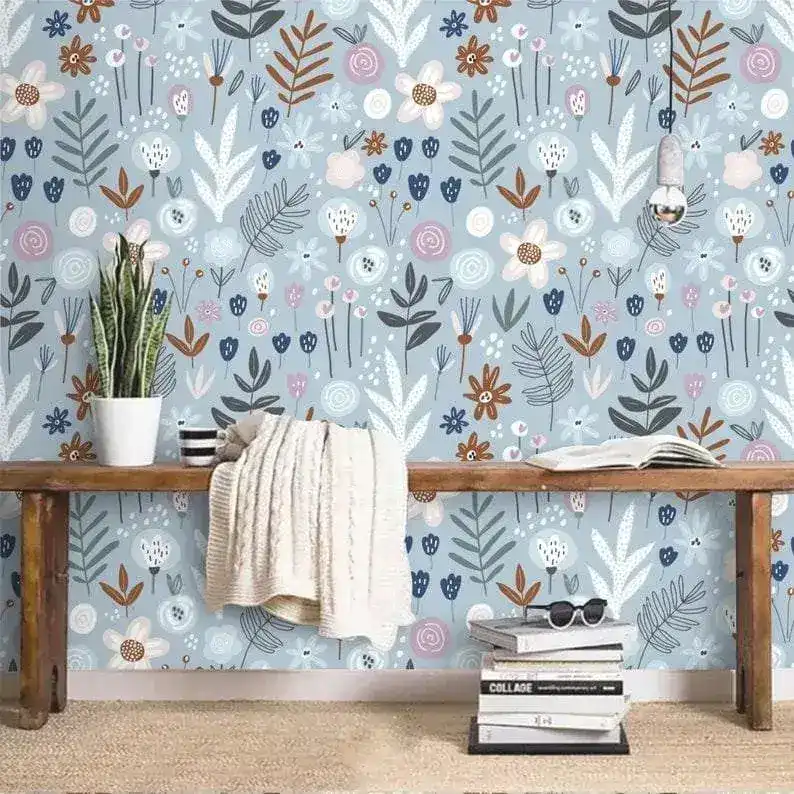 Blue Illustrated Floral and Fern Wallpaper - Image 6