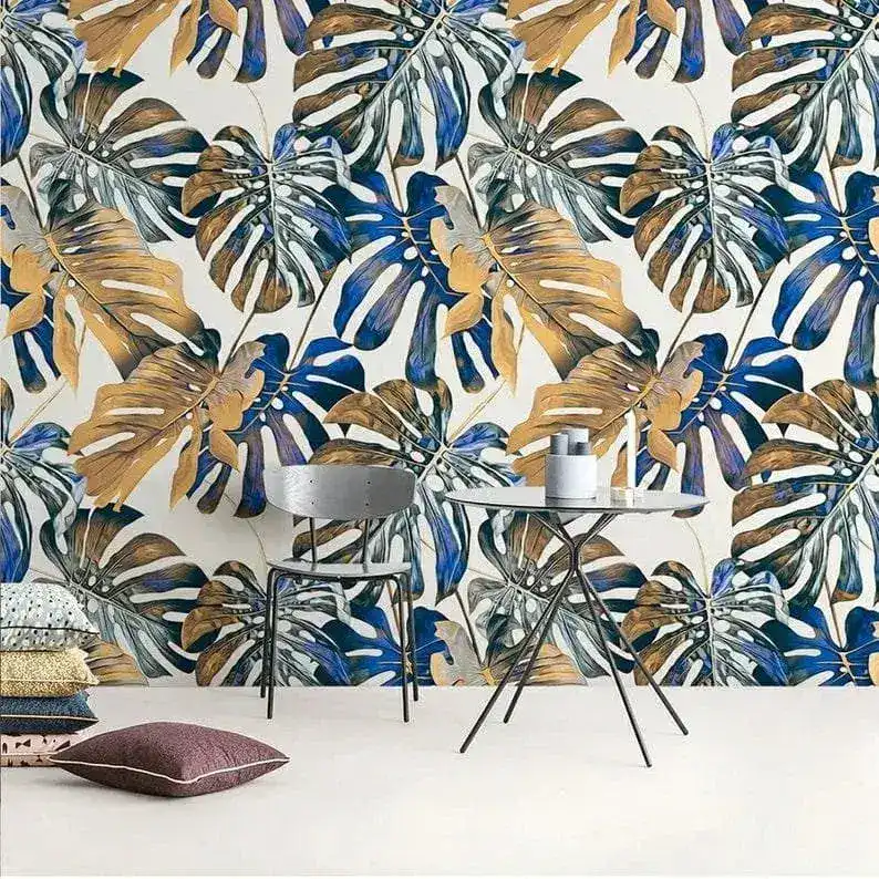 Blue Oversized Tropical Monstera Leaves Wallpaper - Image 2