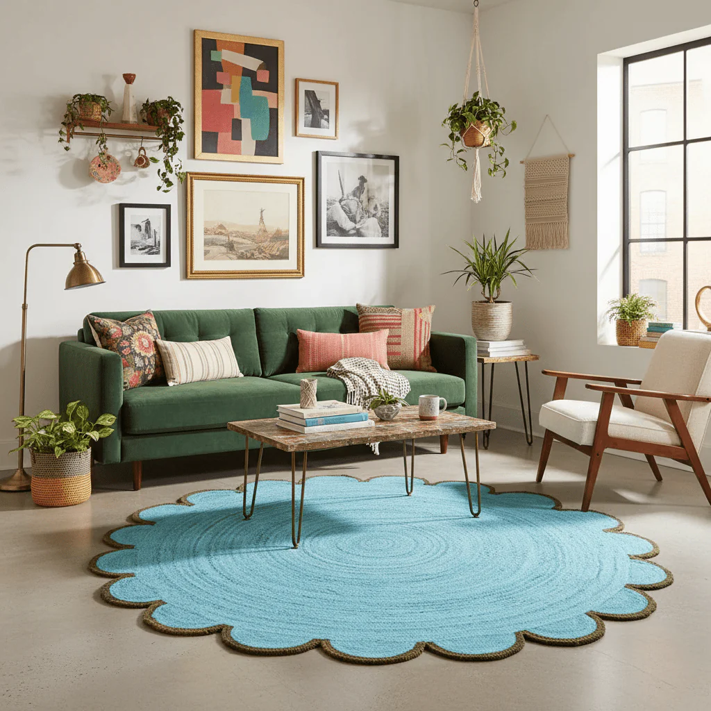 Blue Scalloped Round Jute Rug - Image 2