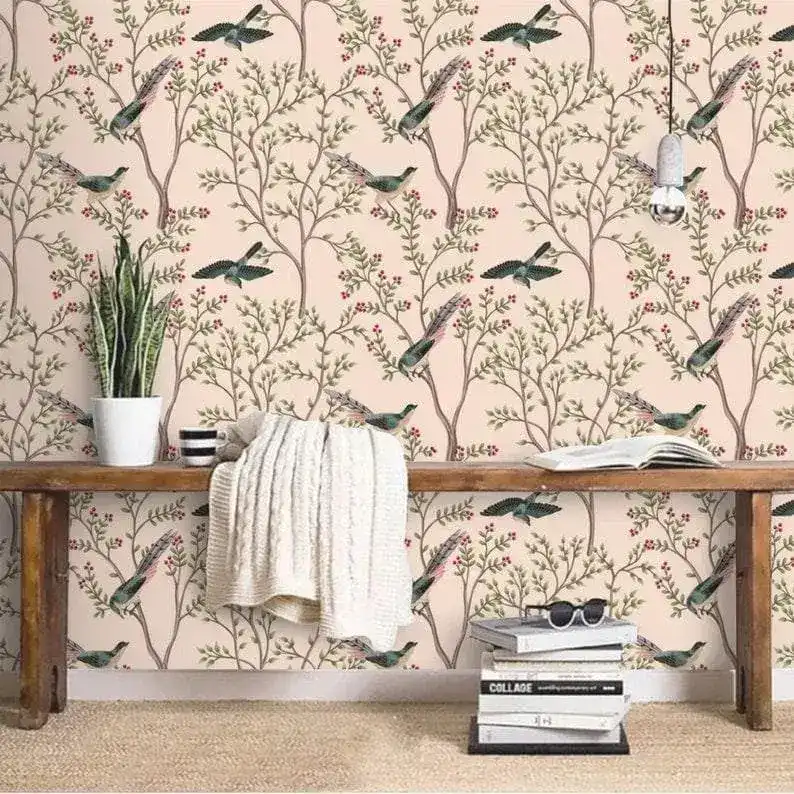Blush Chinoiserie and Bird Wallpaper - Image 6