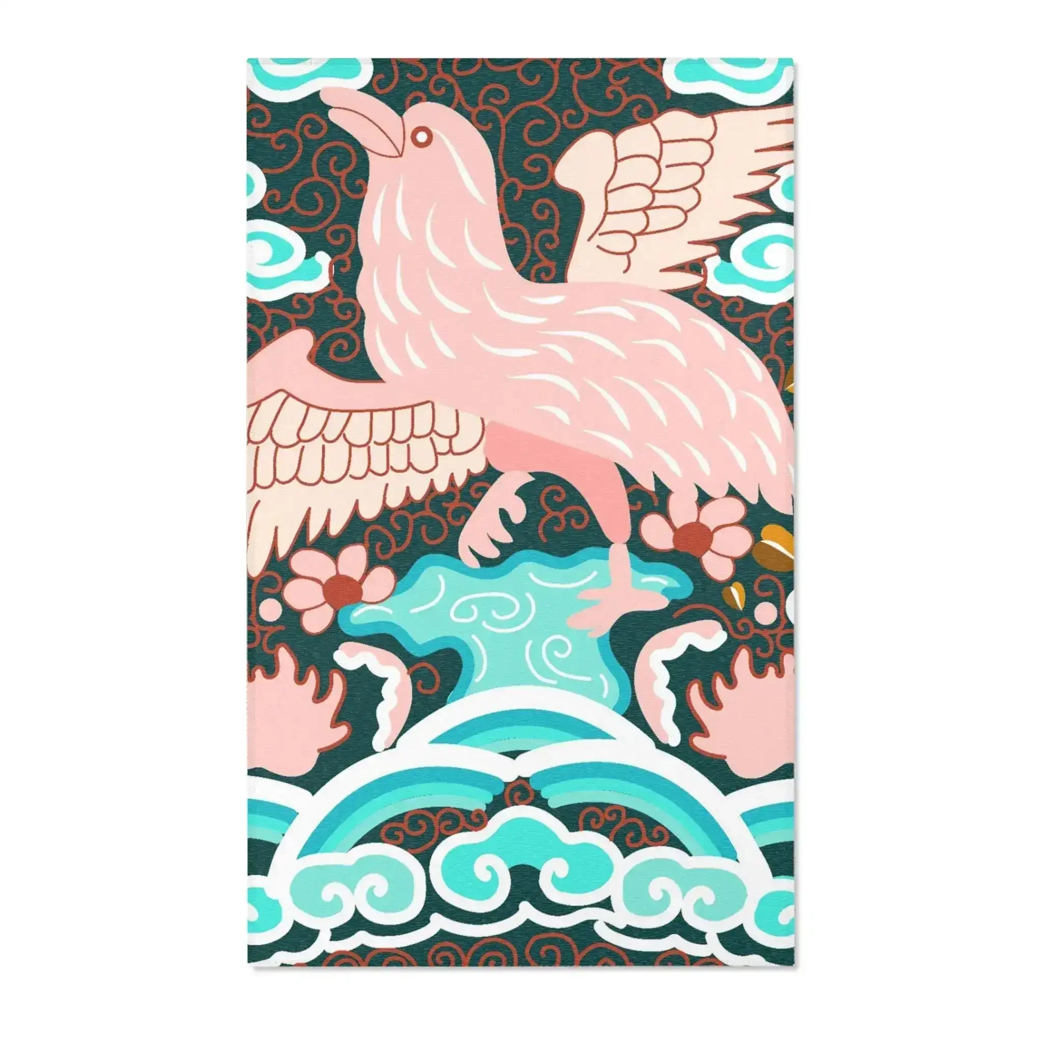 Blush Phoenix Over Turquoise Waves Accent Rug