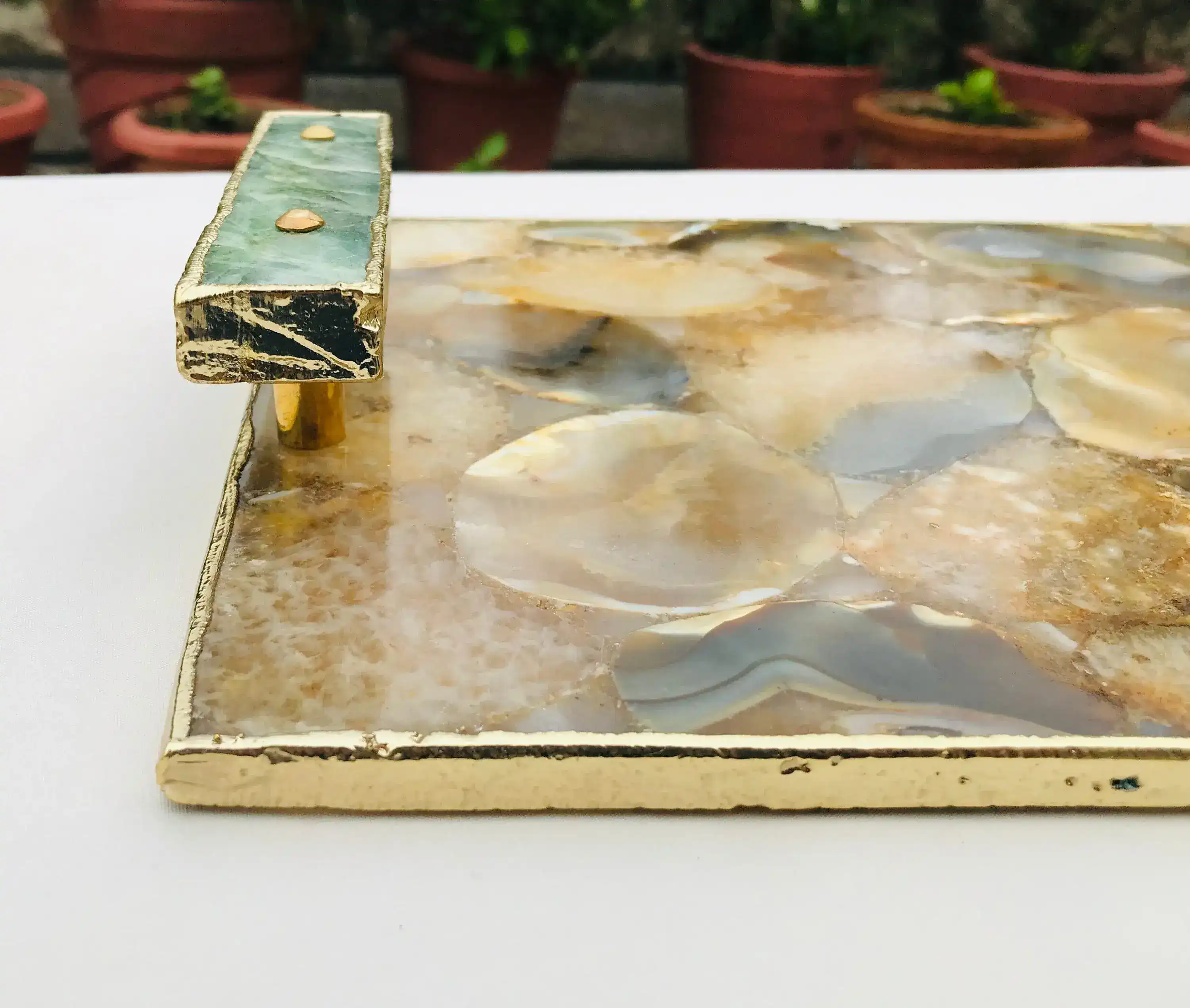 Brown Plated Agate Serving Tray With Green Agate Handles - Image 4
