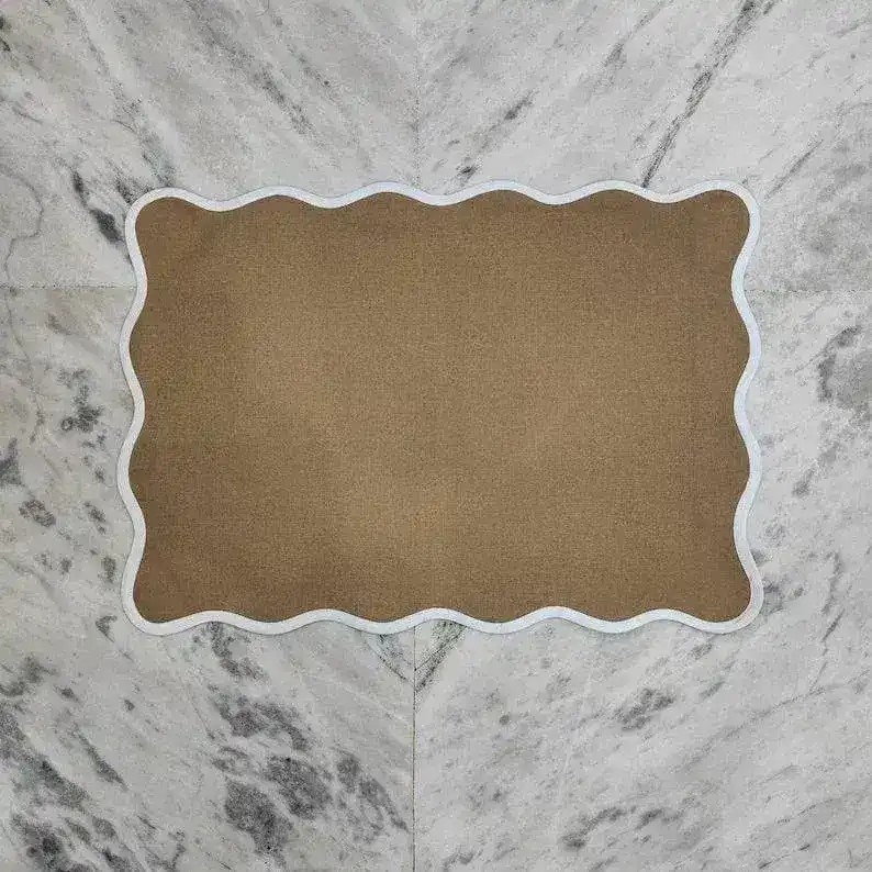 Brown White Border Scalloped Cotton Placemats - Set of 10
