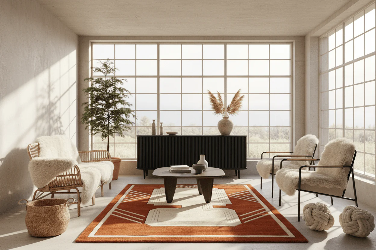 Burnt Orange Geometric Field Hand Tufted Rug - Image 2