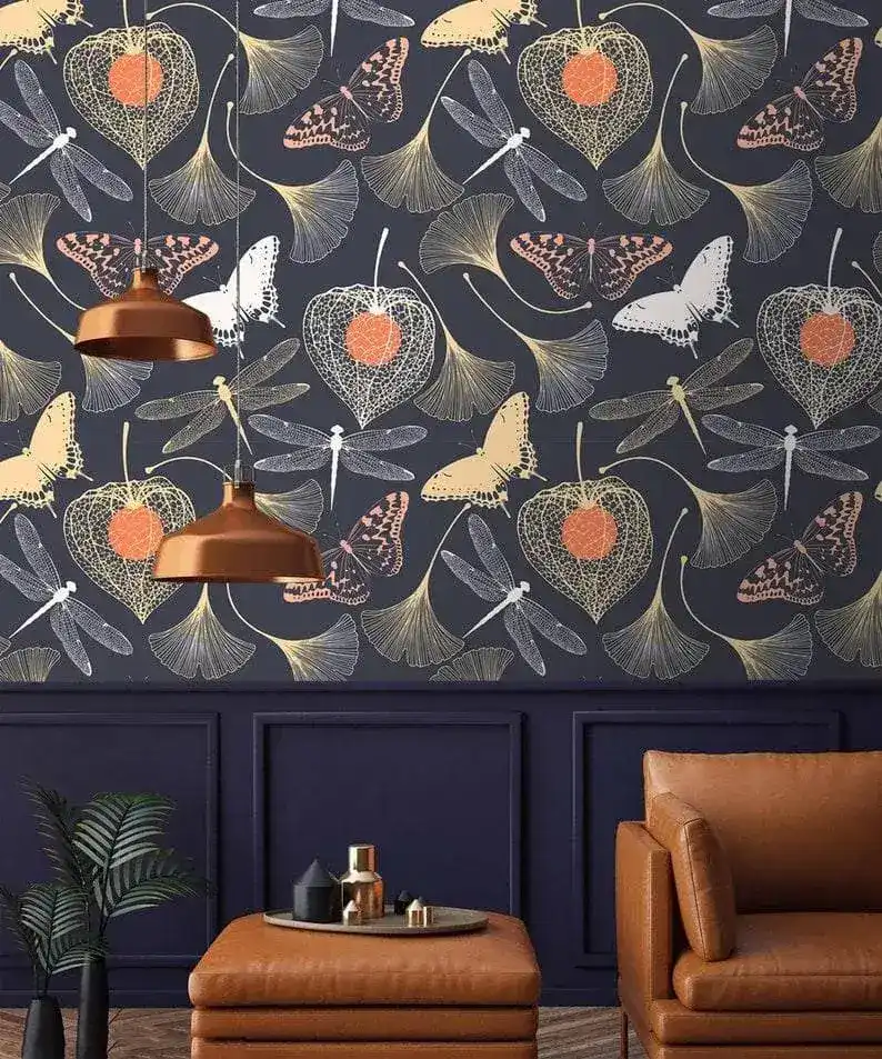 Butterflies and Dragonfly in Mystery Gingko Leaves Garden Wallpaper - Image 2