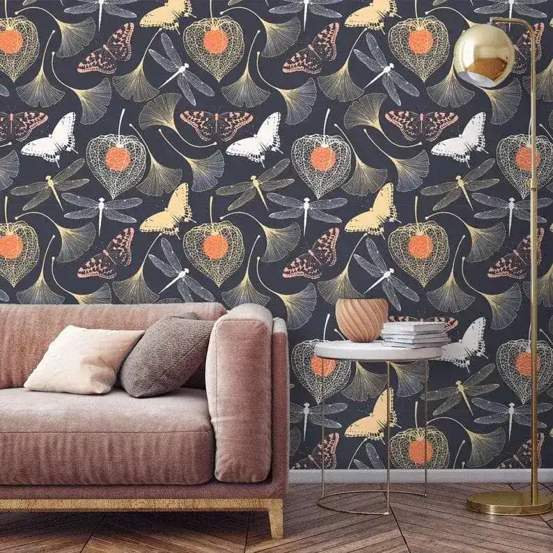 Butterflies and Dragonfly in Mystery Gingko Leaves Garden Wallpaper - Image 3