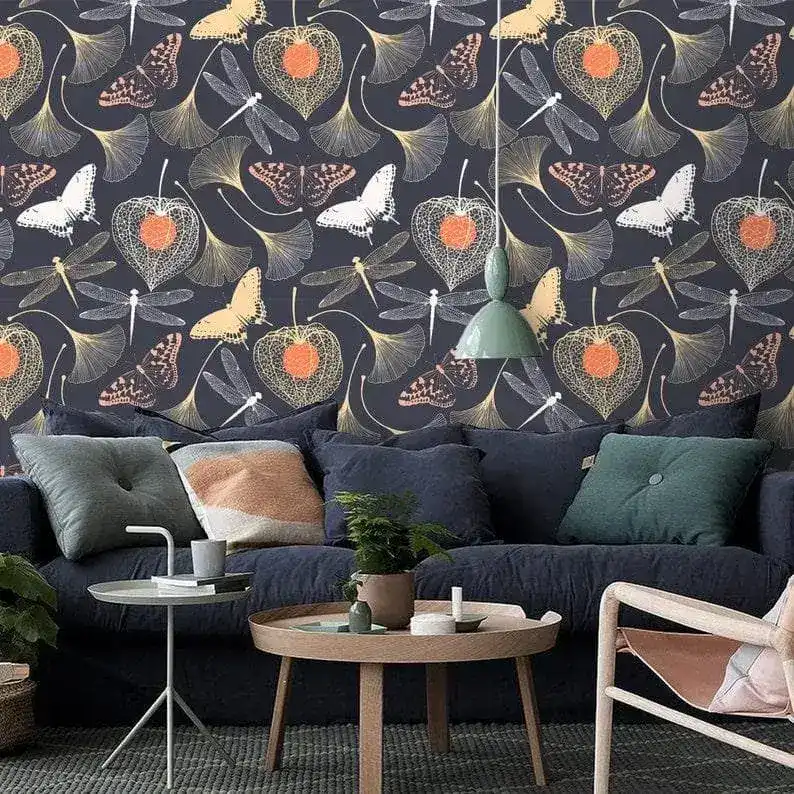 Butterflies and Dragonfly in Mystery Gingko Leaves Garden Wallpaper - Image 4