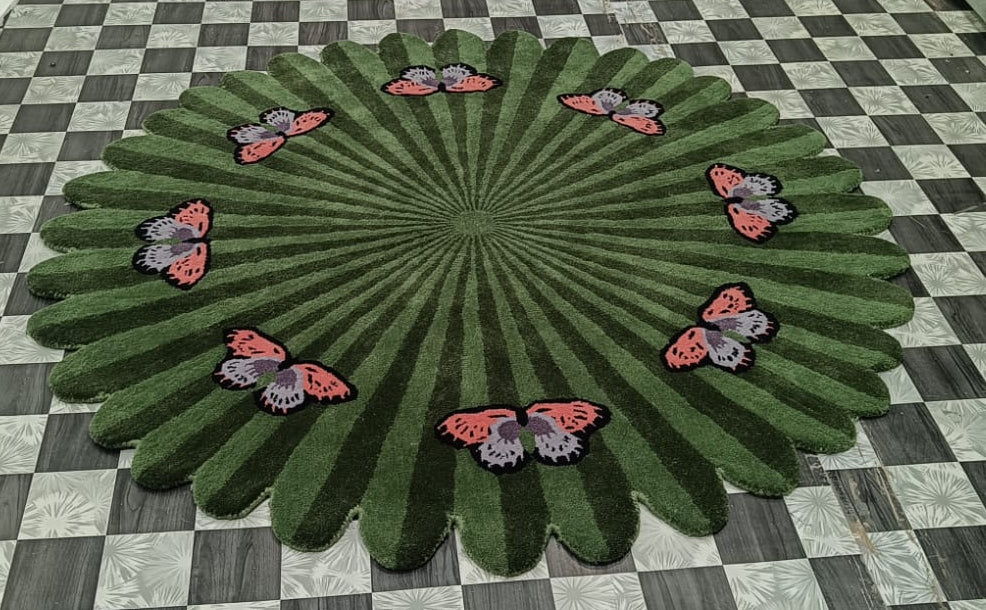 Butterflies over Flower Green Round Hand Tufted Wool Rug - Image 4