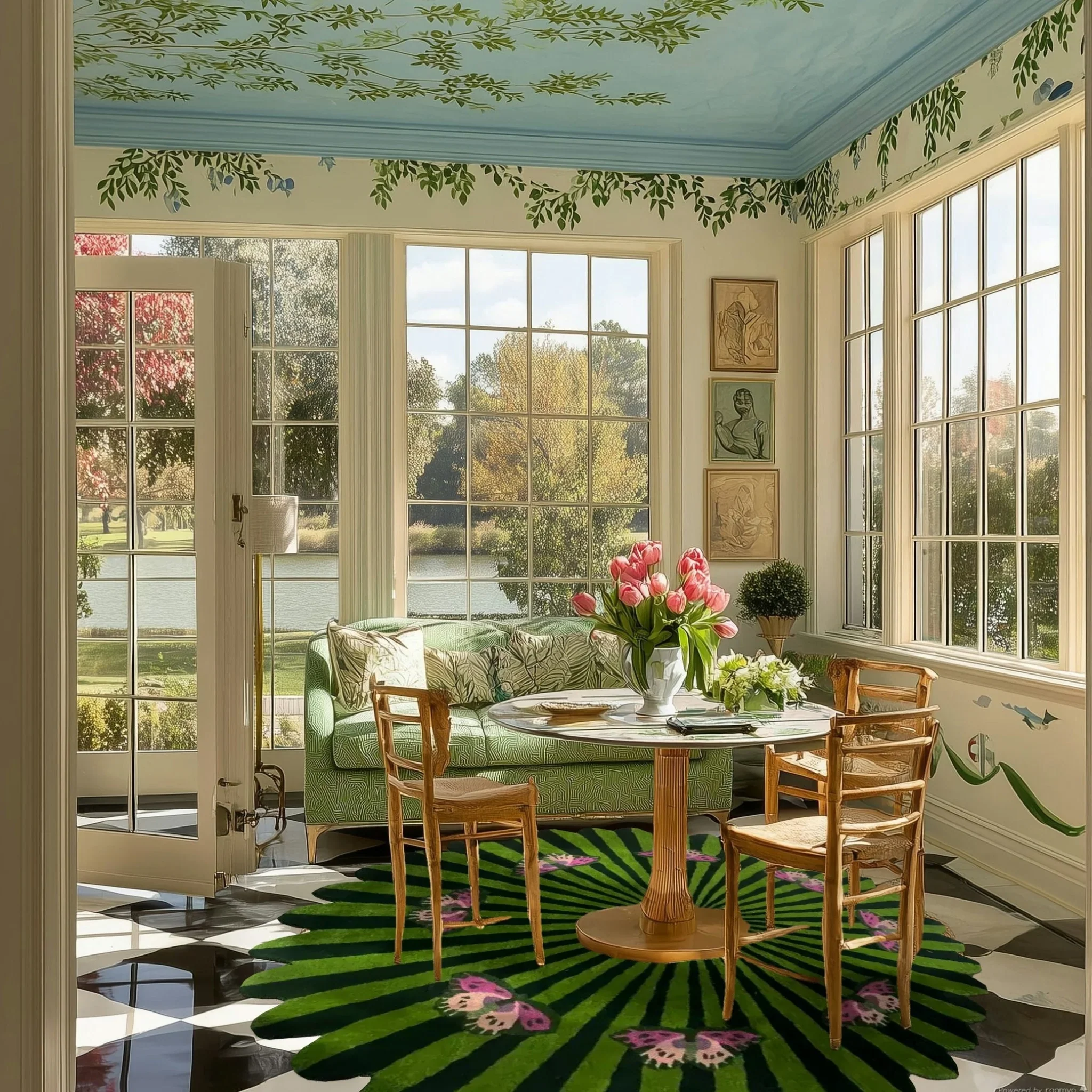 Butterflies over Flower Hand Tufted Wool Rug - Green - Image 6