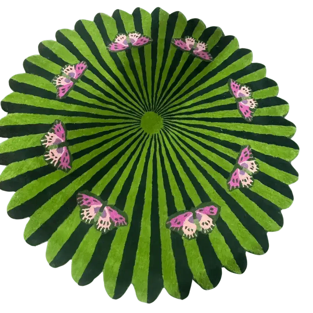 Butterflies over Flower Round Hand Tufted Wool Rug - Light Green - Image 4