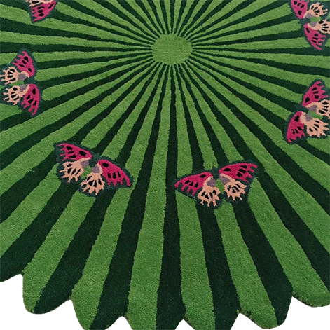 Butterflies over Flower Round Hand Tufted Wool Rug - Light Green - Image 5