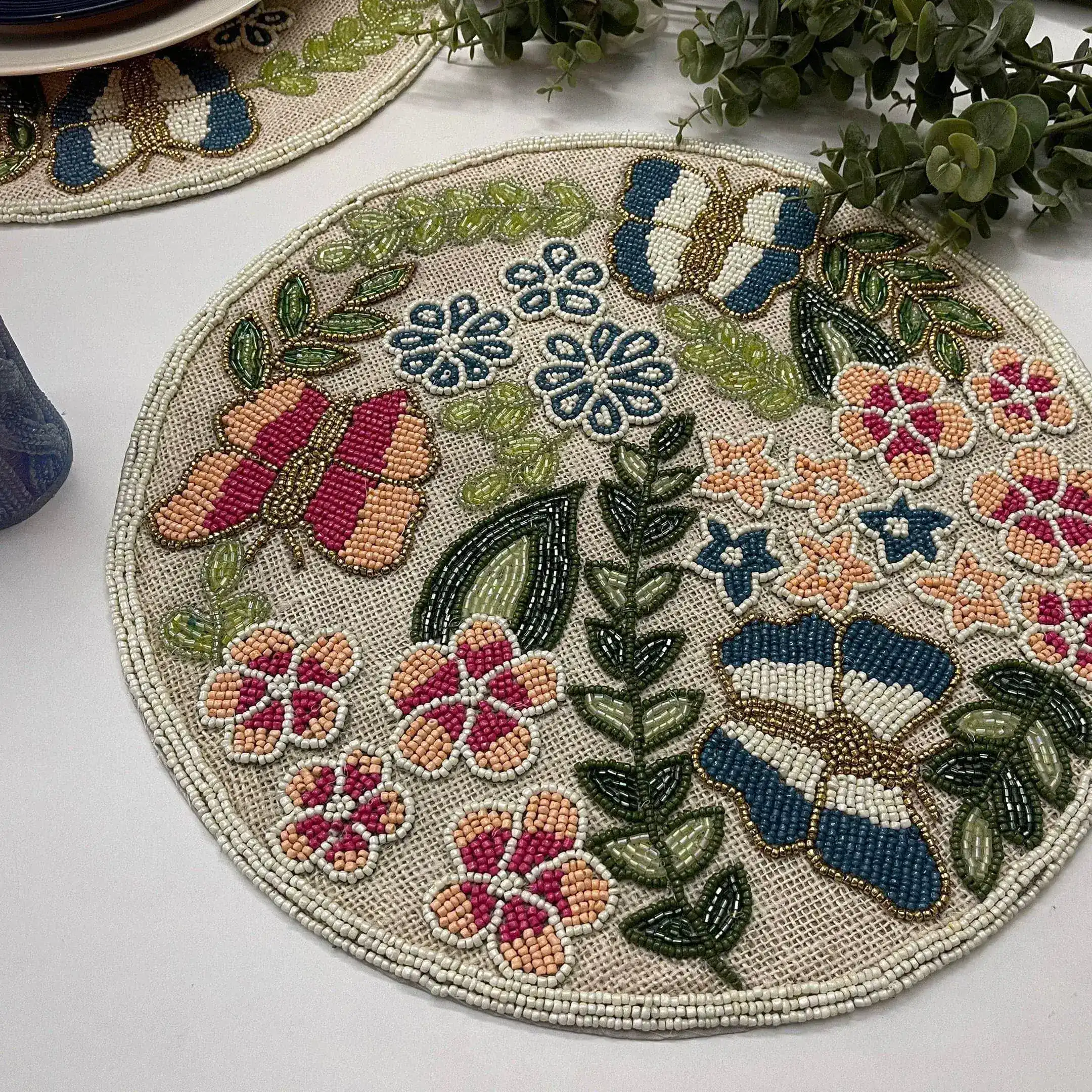 Butterfly and Flower Round Beaded Burlap Placemat - Image 2