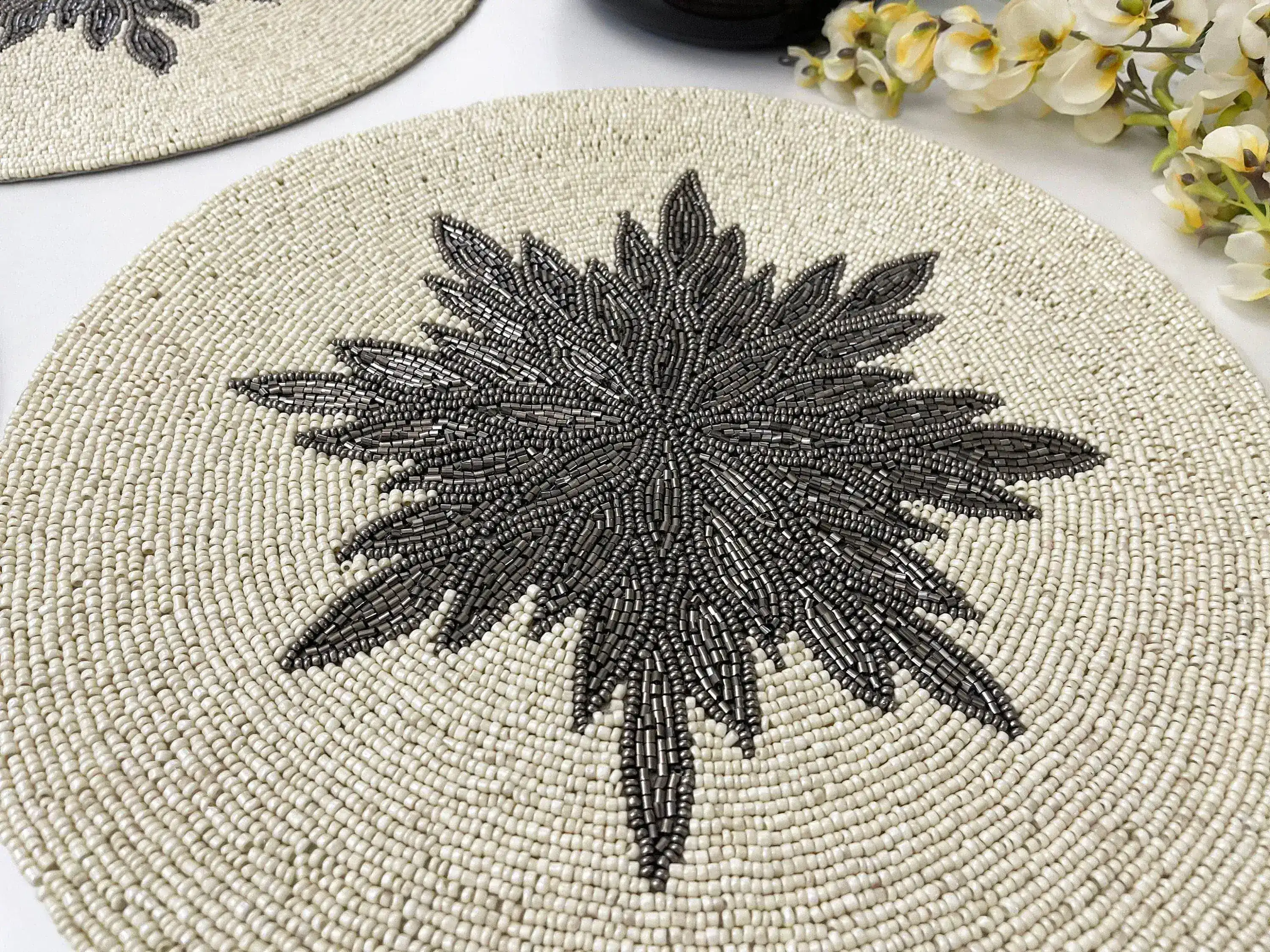 Charleen Round Beaded Placemat - White/Steel Gray - Image 9