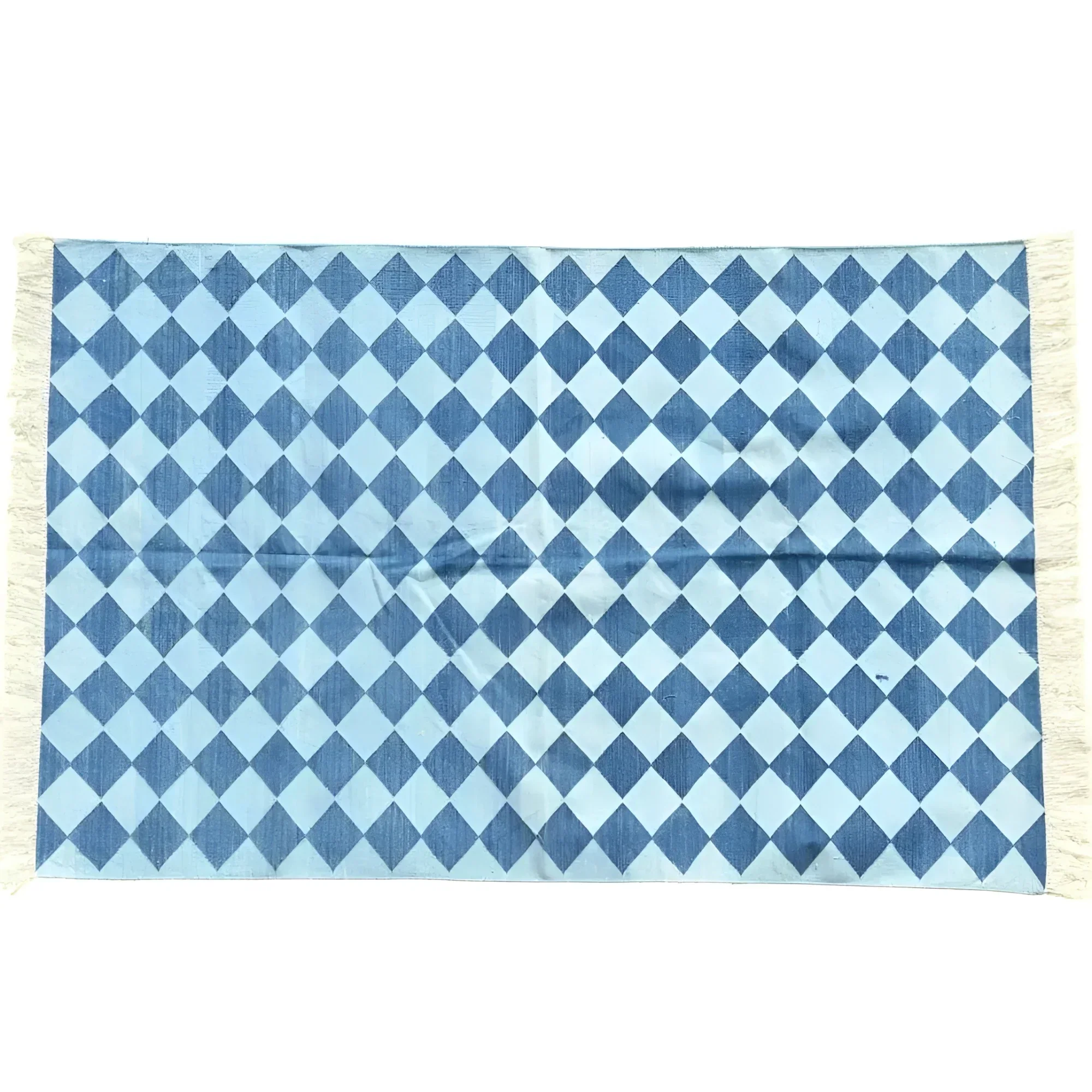 Checkers Organic Vegetable Dyed Indian Dhurrie Reversible Cotton Rug - Blue