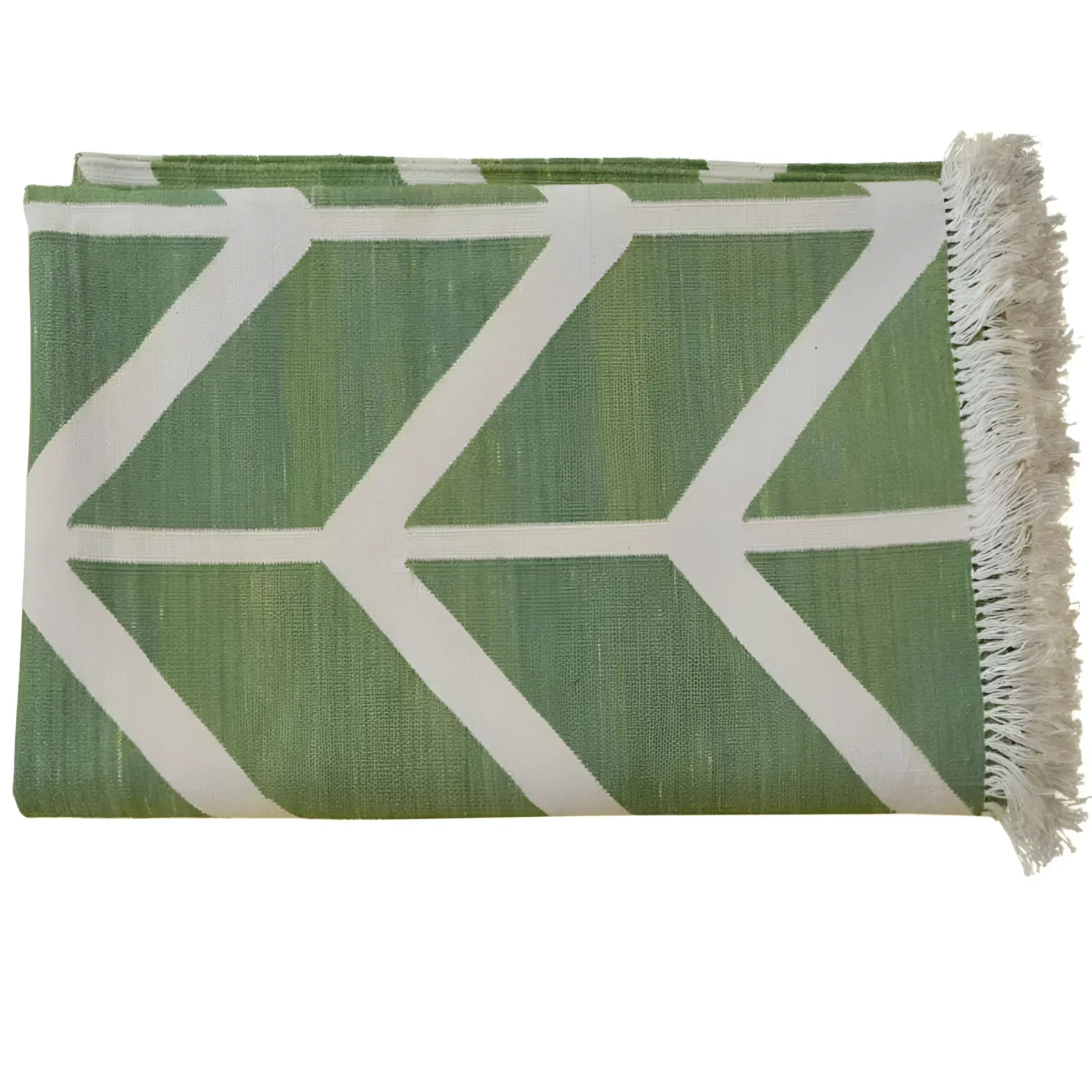 Chevron Organic Vegetable Dyed Indian Dhurrie Reversible Cotton Rug - Green - Image 4