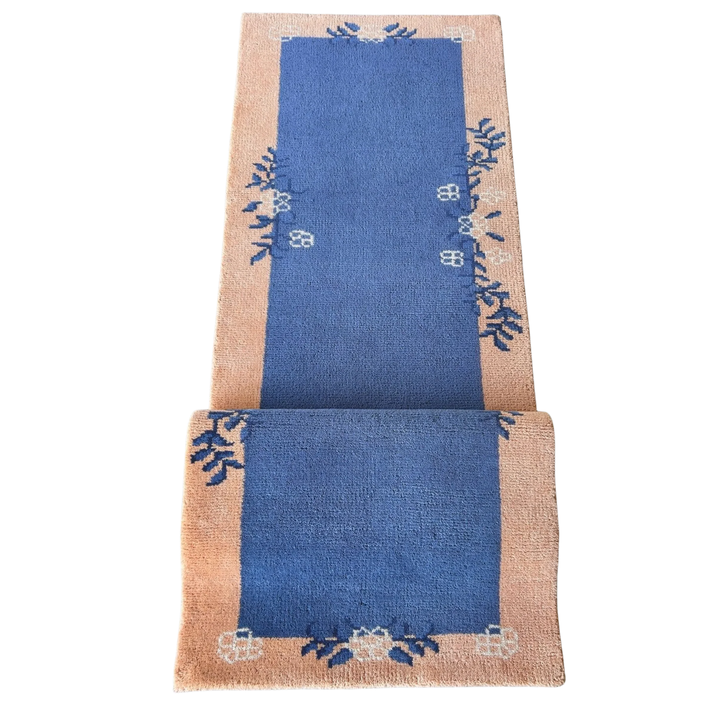 Chinoiserie Blue Floral Wool Hand Knotted Area Rug Runner - Image 4