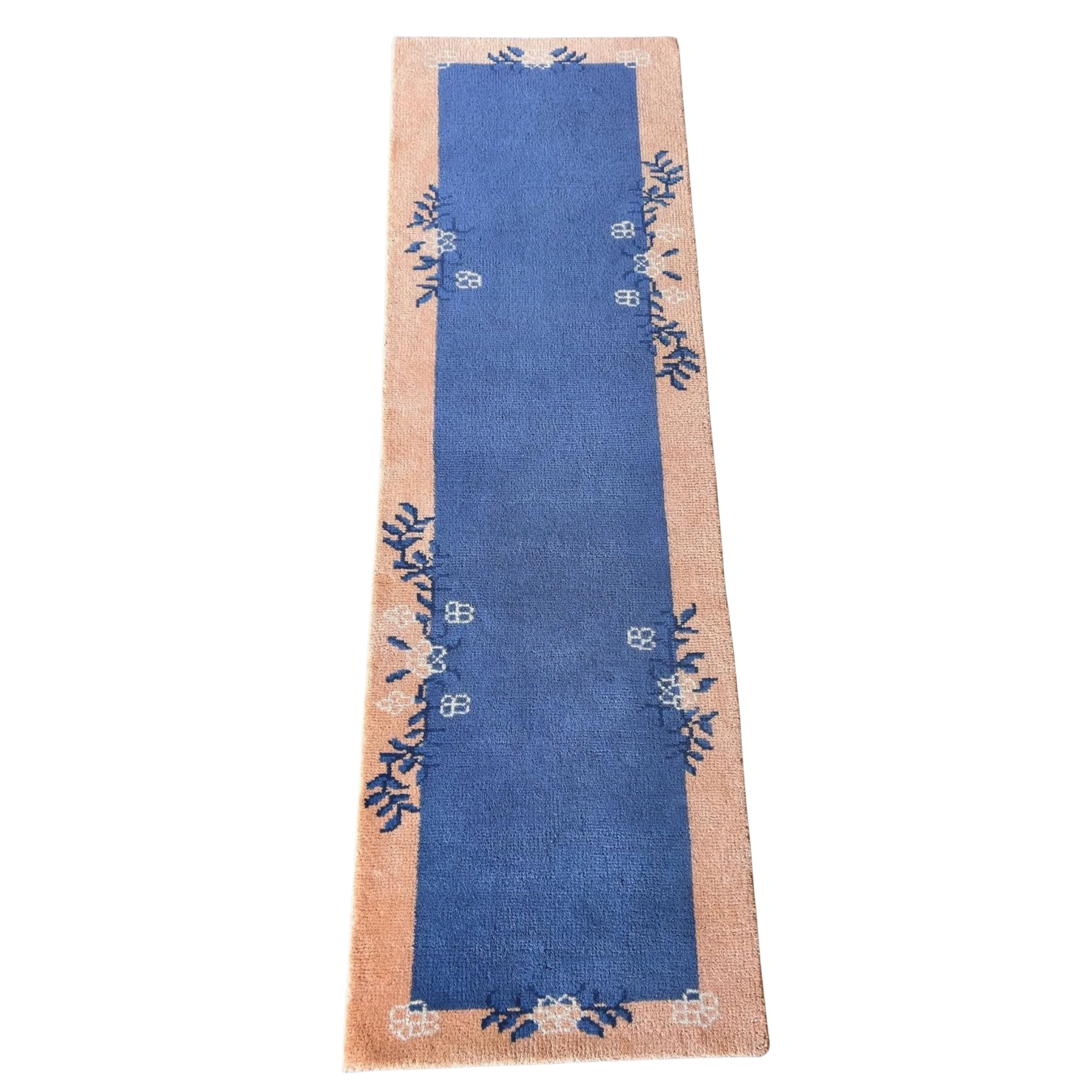 Chinoiserie Blue Floral Wool Hand Knotted Area Rug Runner - Image 5