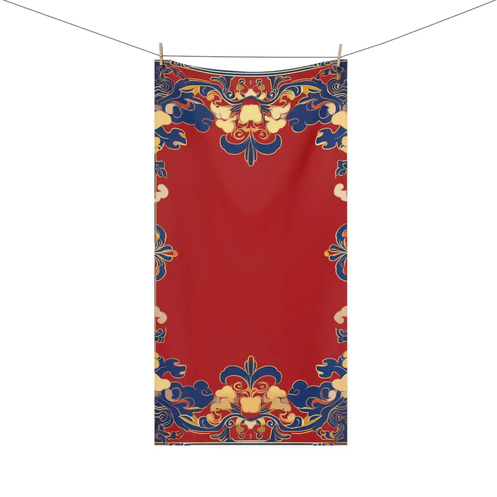 Chinoiserie Floral Border Red and Blue Bath Towel - Image 4