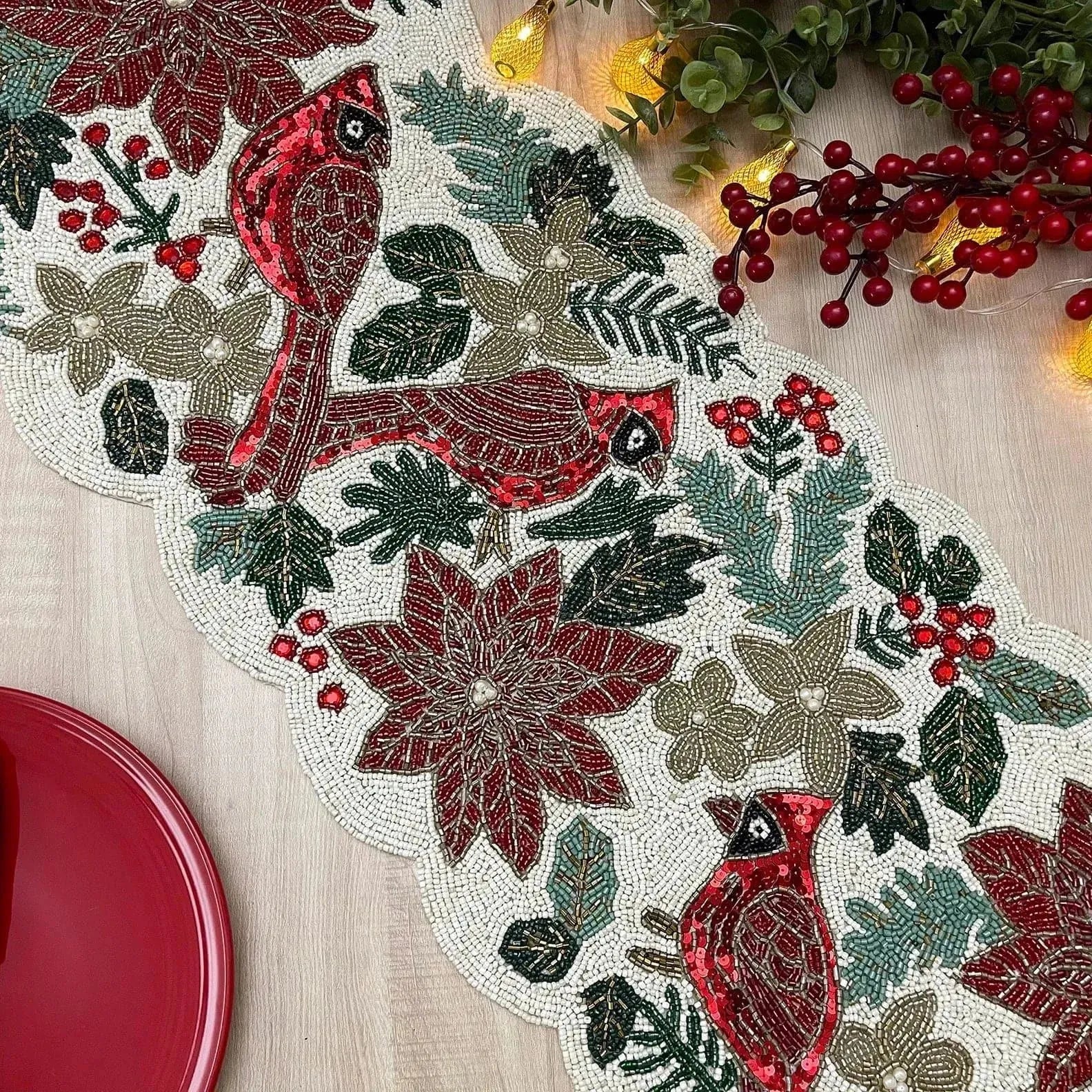 Christmas Birds and Flowers Beaded Table Runner