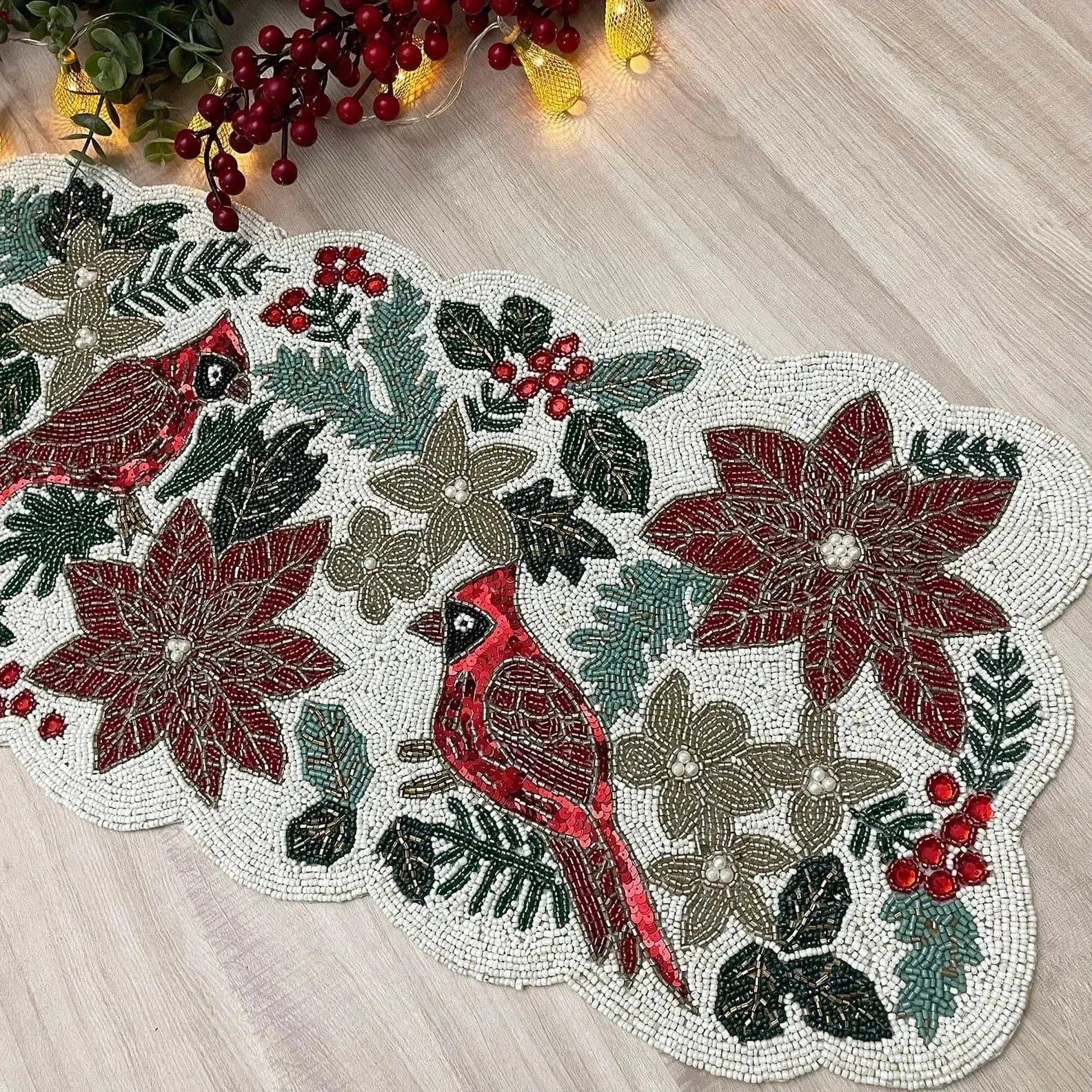 Christmas Birds and Flowers Beaded Table Runner - Image 2