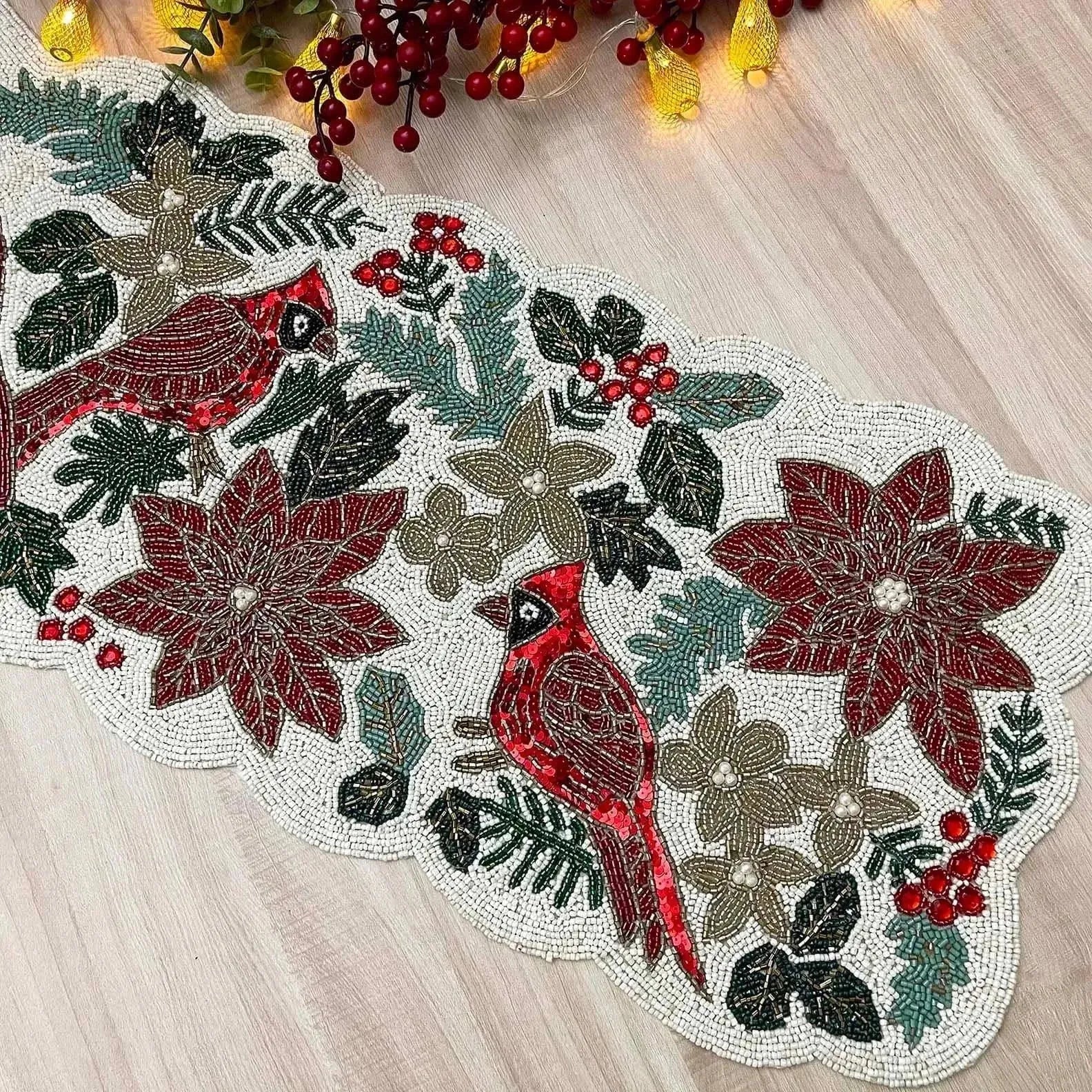 Christmas Birds and Flowers Beaded Table Runner - Image 3