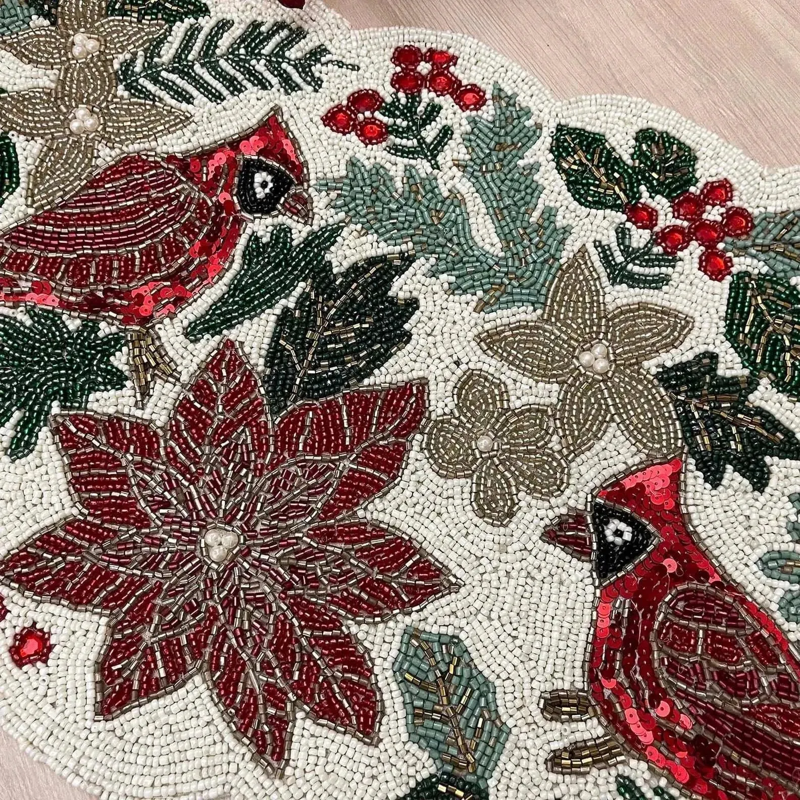 Christmas Birds and Flowers Beaded Table Runner - Image 4