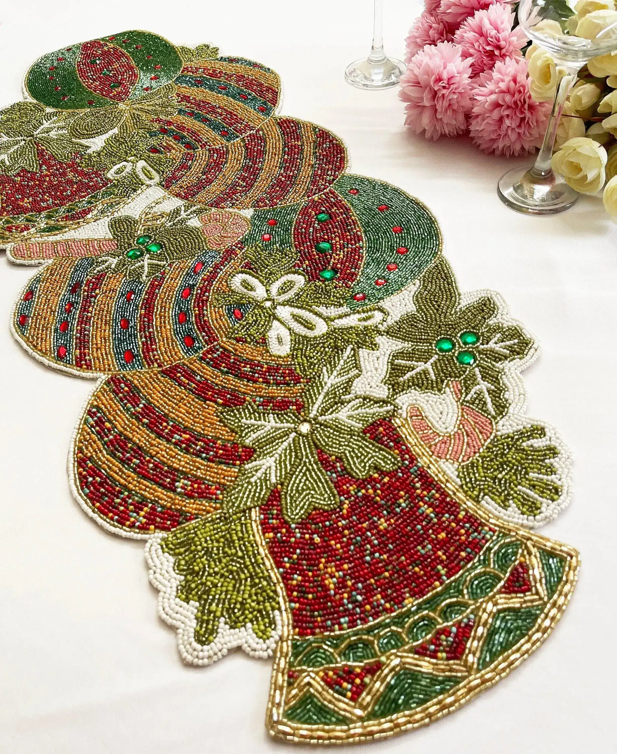 Christmas Delight Beaded Table Runner - Red and Gold - Image 4
